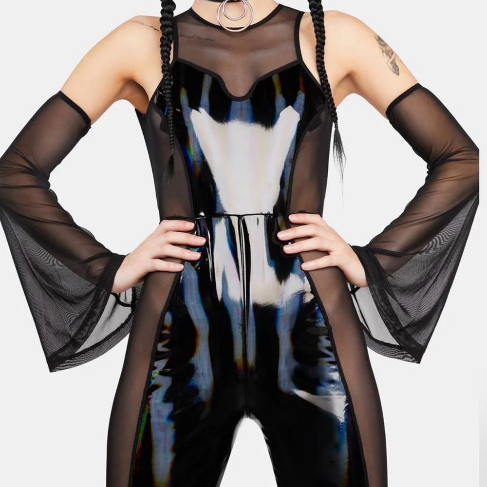 Holographic and mesh Flare Jumpsuit